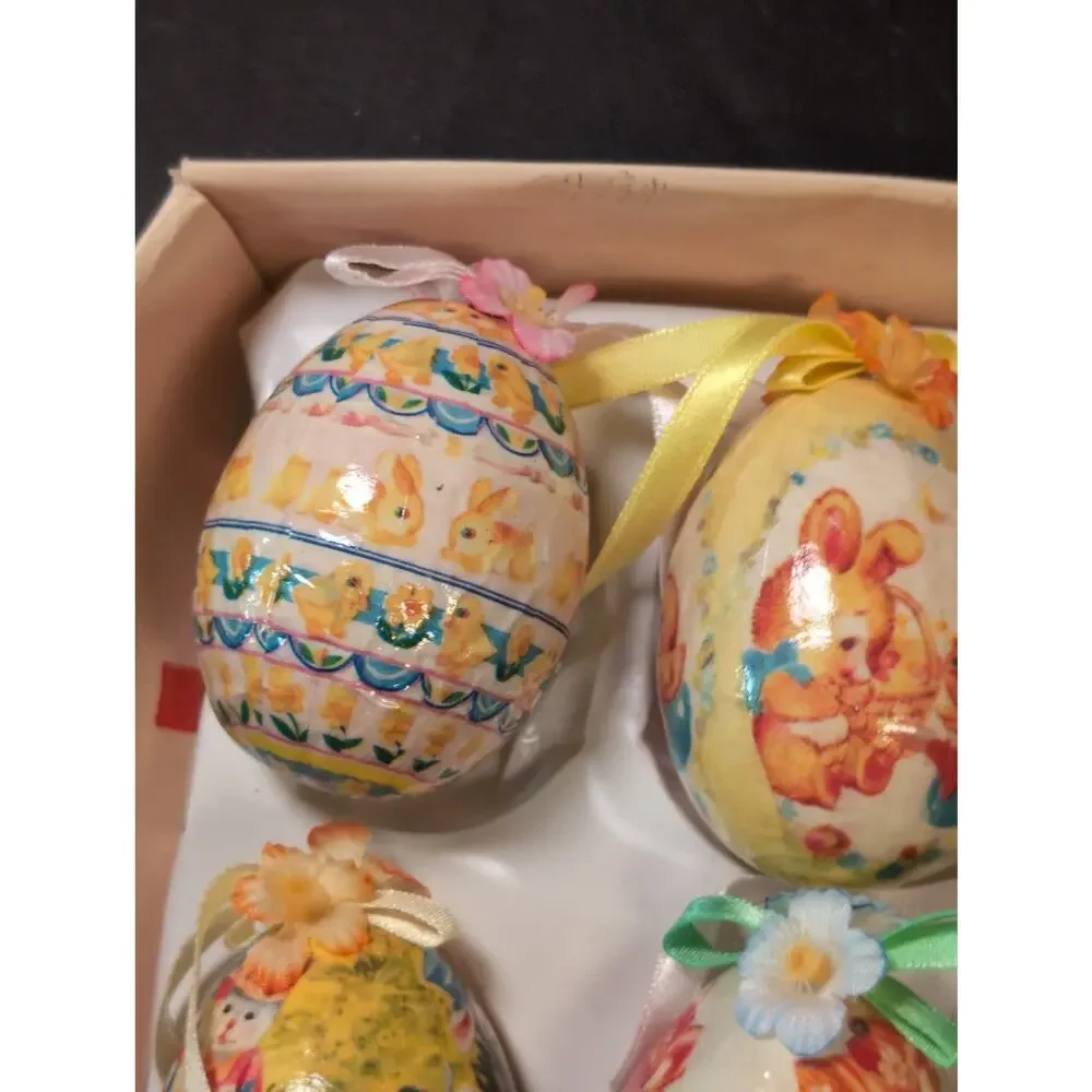 6 Vintage Easter Egg Paper Mache Decoupage Ornaments Bunny Chick Kitschy 3”